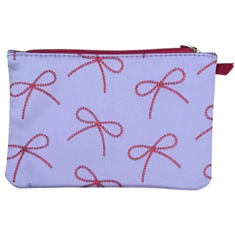 Ipsy NWOT makeup Glam bag light purple red ribbon detail December 2025